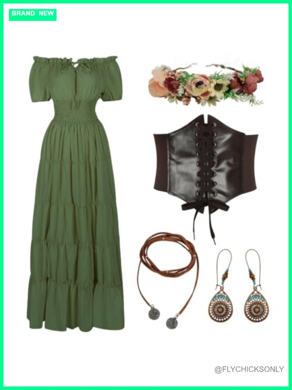 Renaissance Medieval Costume Dress with Corset & Accessories
